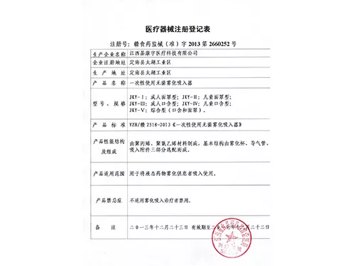 一次性使用无菌雾化吸入器登记表